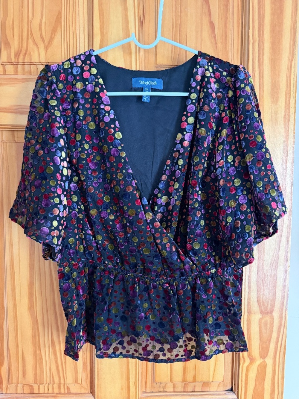 Modcloth Mystifying Musings Colorful Velvet Polka Dot V Neck Peplum Blouse